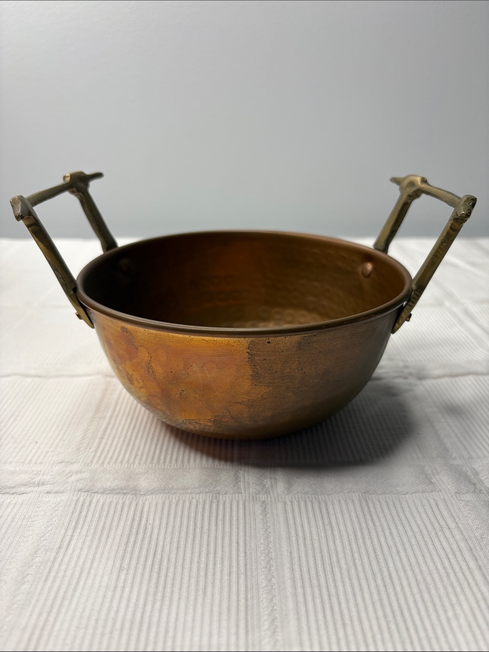 Vintage Brass Hammered Serving Bowl with Handles Made in Turkey Rare
